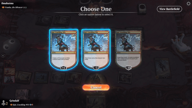 Watch MTG Arena Video Replay - Ral, Crackling Wit by Grindalf VS Vraska, the Silencer by ilmahatma - Historic Brawl Challenge Match