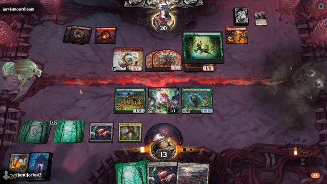 Watch MTG Arena Video Replay - Mono Green Midrange by HamHocks42 VS Mono Red Aggro by jarvismoonbeam - Standard Challenge Match